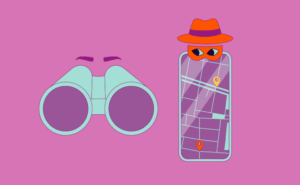 Illustrationen von einem Fernglas und eine Handy, auf dem eine Karte mit zwei Standorten zu sehen ist. Über dem Handy ist ein abstraktes Bild von einem beobachtendem Gesicht zu sehen.