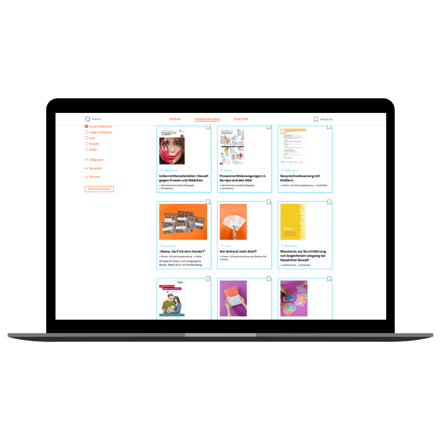 Laptop mit geöffneter Webseite, die verschiedene Dokumente und Materialien in Kacheln anzeigt.