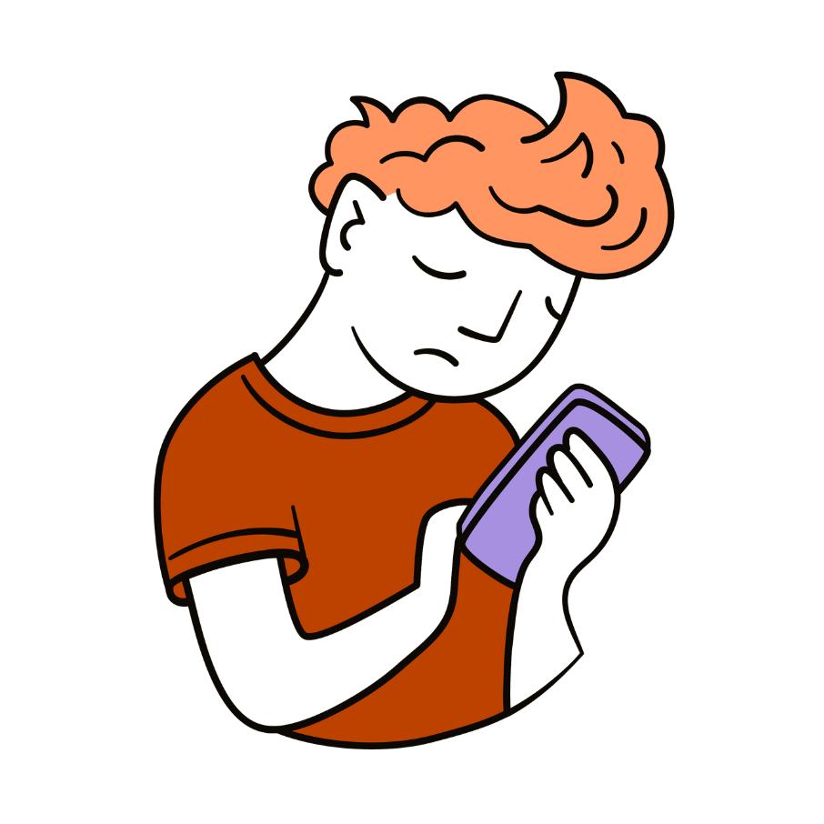 Person mit orangefarbenem Haar und rotem T-Shirt blickt auf ein hellviolettes Smartphone in der Hand.