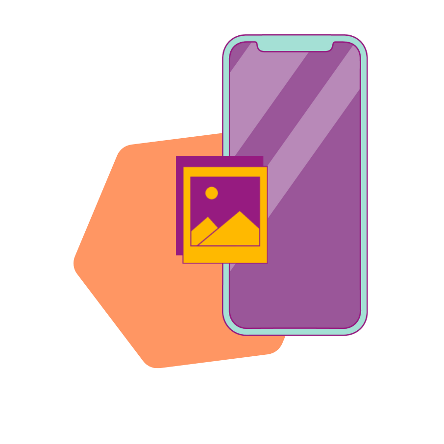 Violettes Smartphone mit zwei gelben Fotos davor, eines zeigt Berge und Sonne, vor orangefarbenem Hintergrund.