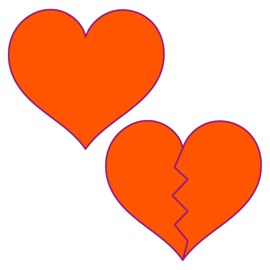 Ein ganzes rotes Herz und ein rotes Herz mit gezacktem Bruch in der Mitte.