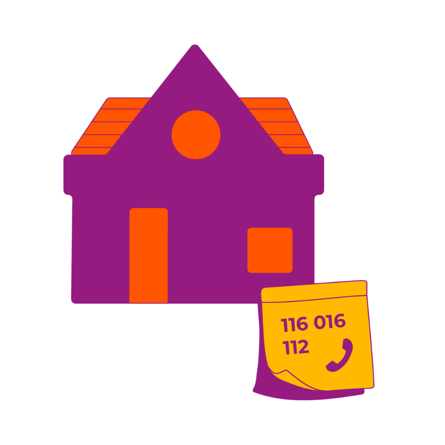 Violettes Haus mit orangenem Dach, Tür, Fenster und rundem Giebelfenster, daneben gelber Zettel mit den Notrufnummern '116 016' und '112' und einem Telefonhörer-Symbol.
