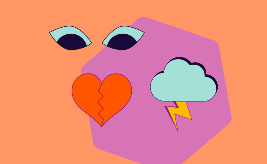 Zwei stilisierte Augen, ein zerbrochenes rotes Herz und eine graue Wolke mit gelbem Blitz auf violettem Polygon.