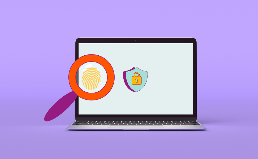 Laptop mit einem Schildsymbol mit Vorhängeschloss auf dem Bildschirm und einer Lupe mit einem Fingerabdruck davor auf lila Hintergrund.