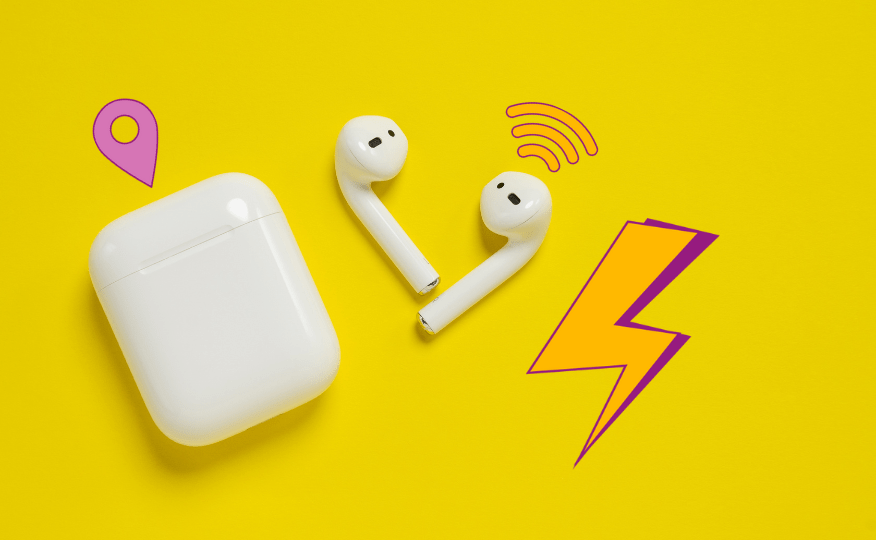 Zwei weiße kabellose Ohrhörer neben einem weißen Ladecase auf gelbem Hintergrund, umgeben von Symbolen für Standort, WLAN und Blitz.