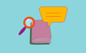 Aufgeschlagenes lila Buch mit Lupe und gelber Sprechblase vor blauem Hintergrund.