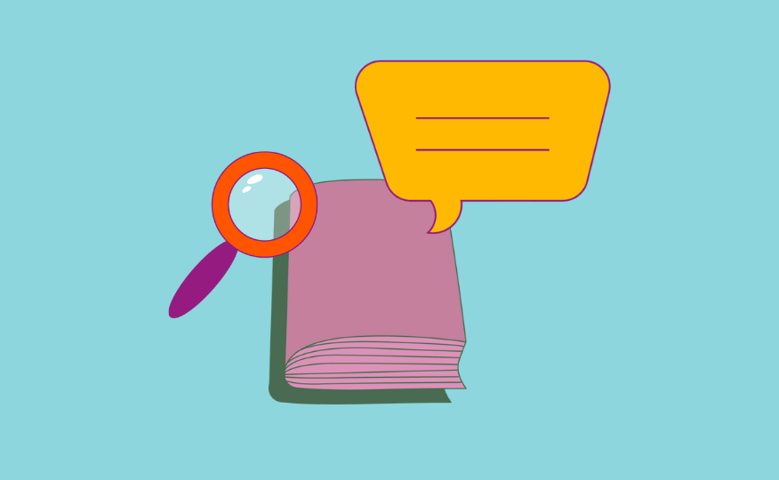 Aufgeschlagenes lila Buch mit Lupe und gelber Sprechblase vor blauem Hintergrund.