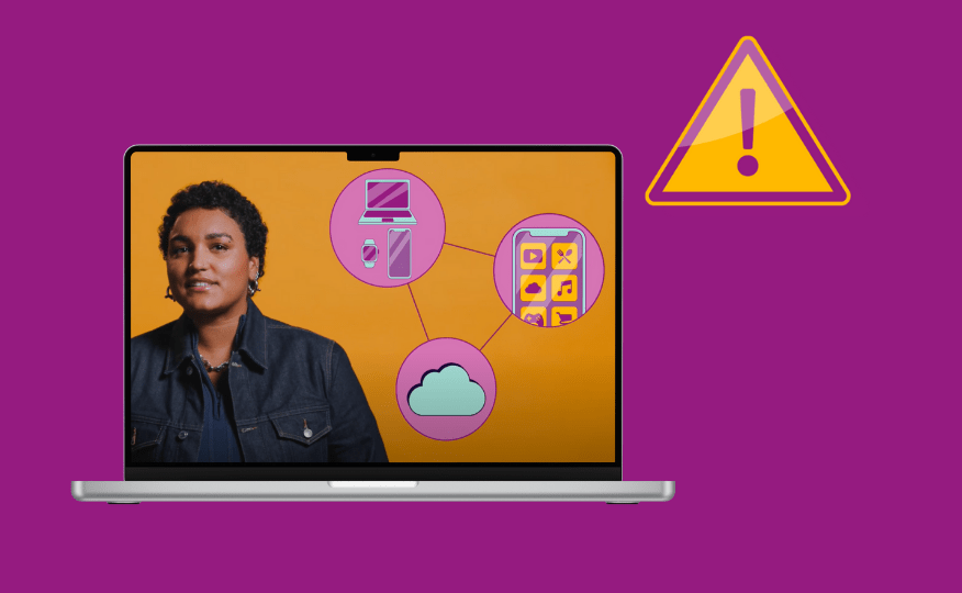 Auf dem Bild sieht man einen Laptop, der eine Videovorschau zeigt. Neben dem Laptop ist ein Ausrufezeichen.