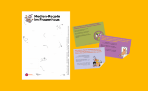 Das Bild zeigt eine Ansicht vom Medien-Regeln im Frauenhaus Plakat und drei verschiedene Postkarten mit entsprechenden Regeln dazu.