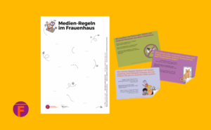 Das Bild zeigt eine Ansicht vom Medien-Regeln im Frauenhaus Plakat und drei verschiedene Postkarten mit entsprechenden Regeln dazu.