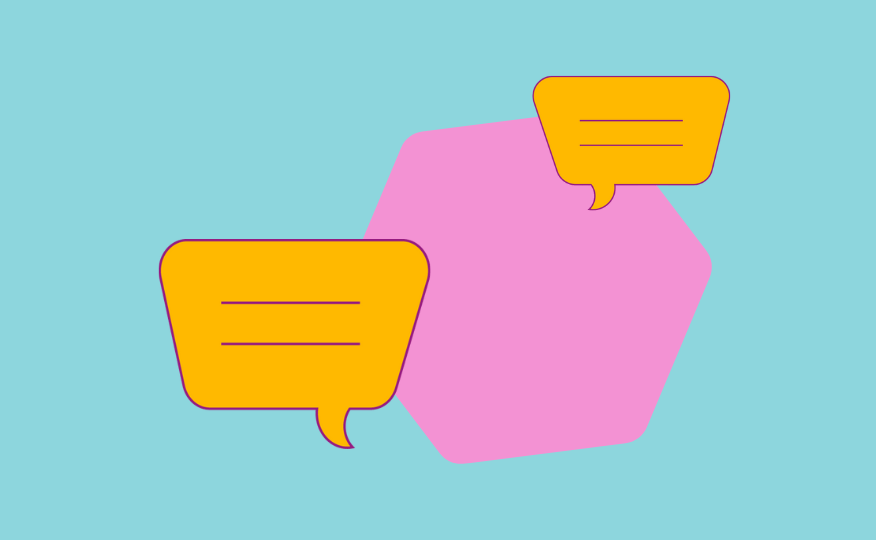 Zwei orangefarbene Sprechblasen vor einem rosa Sechseck auf hellblauem Hintergrund.