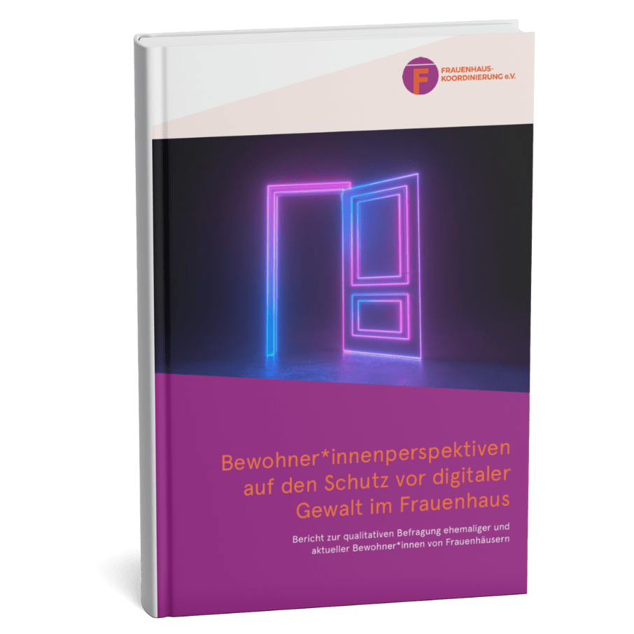 Buchcover mit leuchtender, neonfarbener Tür in Blau und Pink, Titel 'Bewohner*innenperspektiven auf den Schutz vor digitaler Gewalt im Frauenhaus'