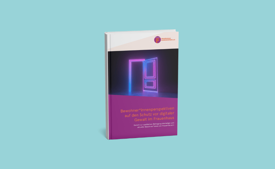 Buchcover mit leuchtender, neonfarbener Tür in Blau und Pink, Titel 'Bewohner*innenperspektiven auf den Schutz vor digitaler Gewalt im Frauenhaus'