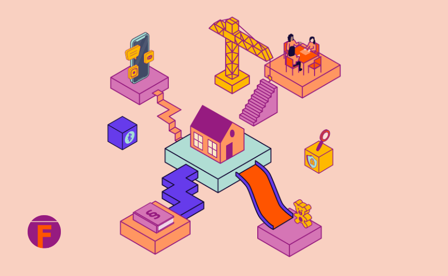 Isometrische Darstellung mit einem Haus auf einer Plattform, umgeben von Symbolen wie einem Smartphone, einem Kran, zwei Personen am Tisch, einem Geldstapel, einer Treppe und einem Schieberegler